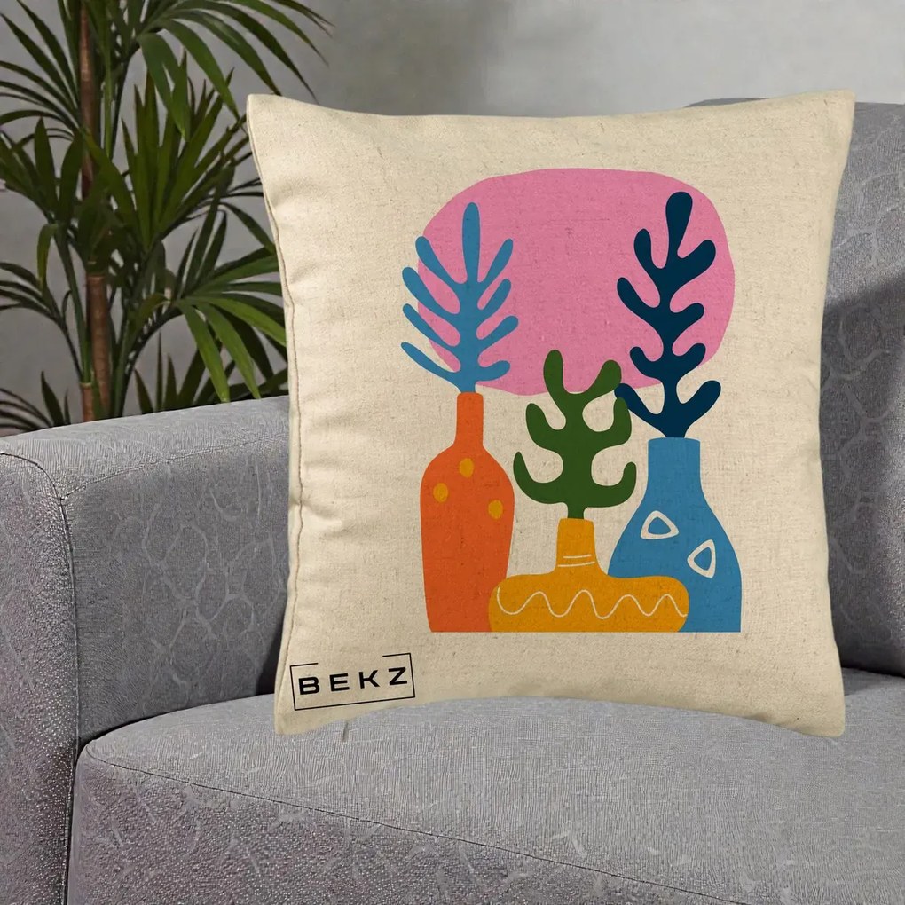 Perna Decorativa Vaze Botanice Abstract, 40x40 cm, Bej, Husa Detasabila, Perna Inclusa, BEKZ®