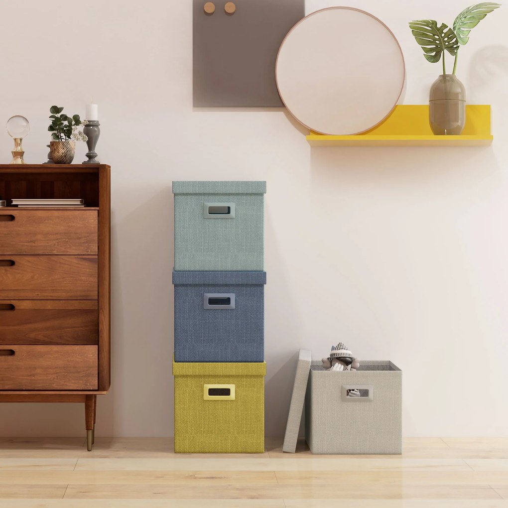 HOMCOM Set de 4 Cutii pentru Dulap din Țesătură cu Capac, Organizator Pliabil pentru Dulap, 30x30x29 cm, Multicolor | Aosom Romania