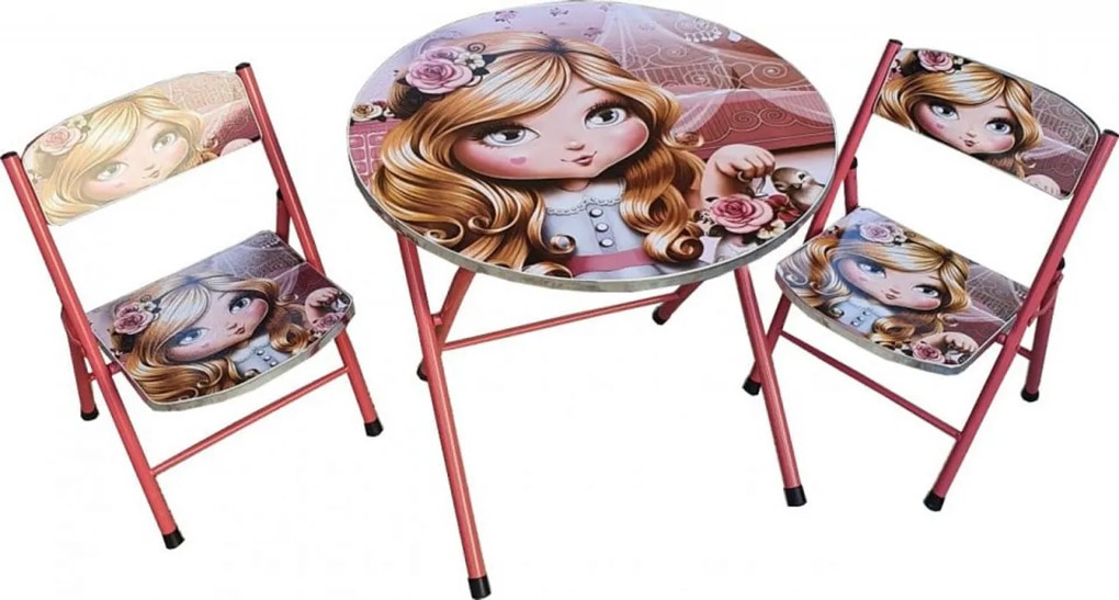 Masuta pliabila pentru copii din MDF Novokids™ Round folding table, Cu doua scaune pliabile, Diametru 60 cm, 2 niveluri de inaltime, Suprafata