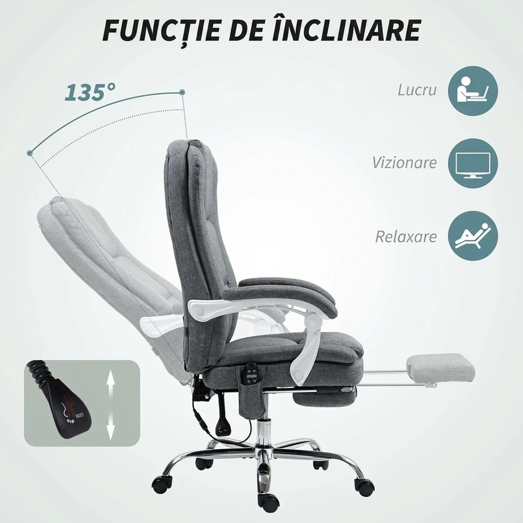 HOMCOM Scaun de Birou Masaj cu 6 Puncte, Încălzire și Suport pentru Picioare, Scaun Ergonomic Rabatabil Rotativ din Stofă Tip In Respirabil cu Telecomandă și Înălțime Reglabilă, Gri | Aosom Romania