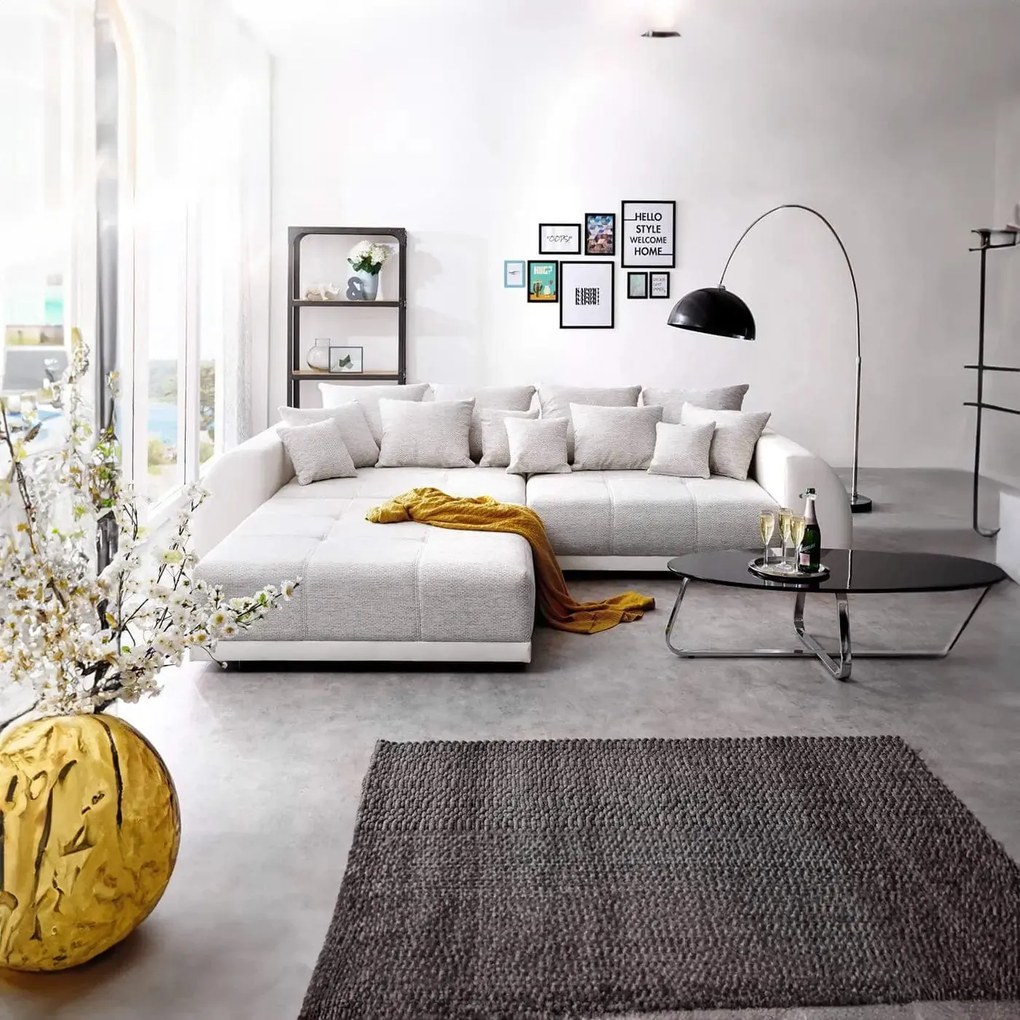 Canapea extensibilă dumonde cu 2 lăzi de depozitare si sezut confortabil din spuma high-density, Verona Loft White 310x100 cm cu taburet inclus