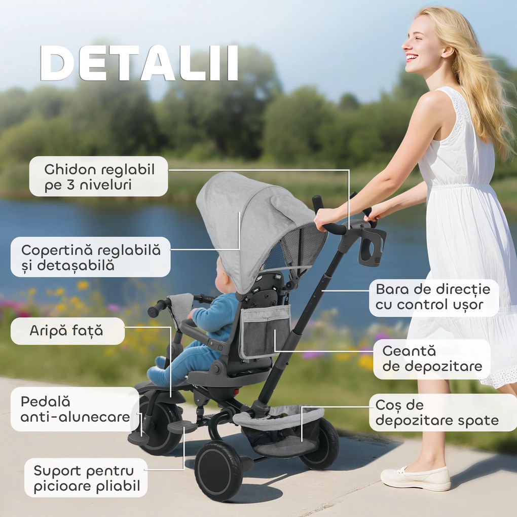 AIYAPLAY Tricicletă Copii 6 în 1, Cărucior și Bicicletă, 1-5 Ani, Max. 25 kg, Pliabilă cu Scaun Rotativ, Copertină, Gri | Aosom Romania