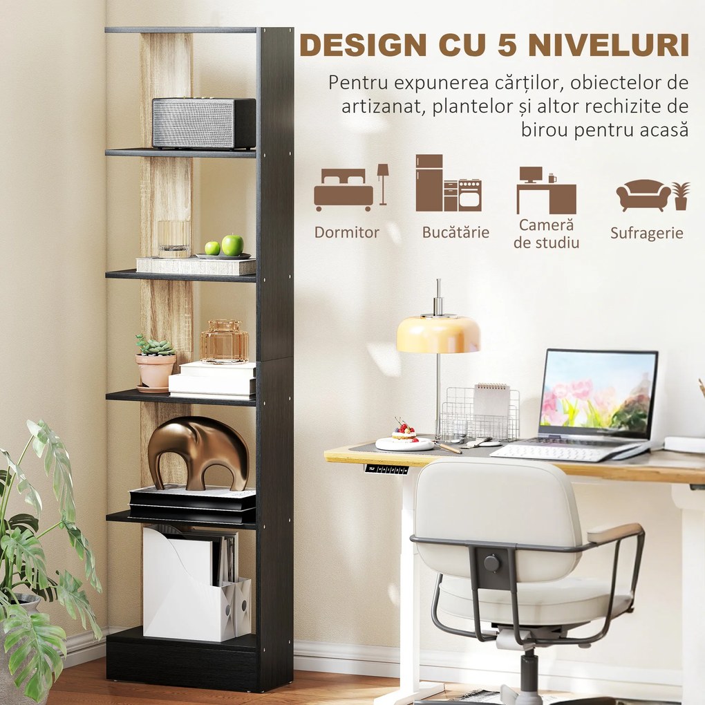 HOMCOM Bibliotecă Modernă cu 5 Rafturi din Lemn, 45 x 21 x 170 cm, Negru, Stejar | Aosom Romania