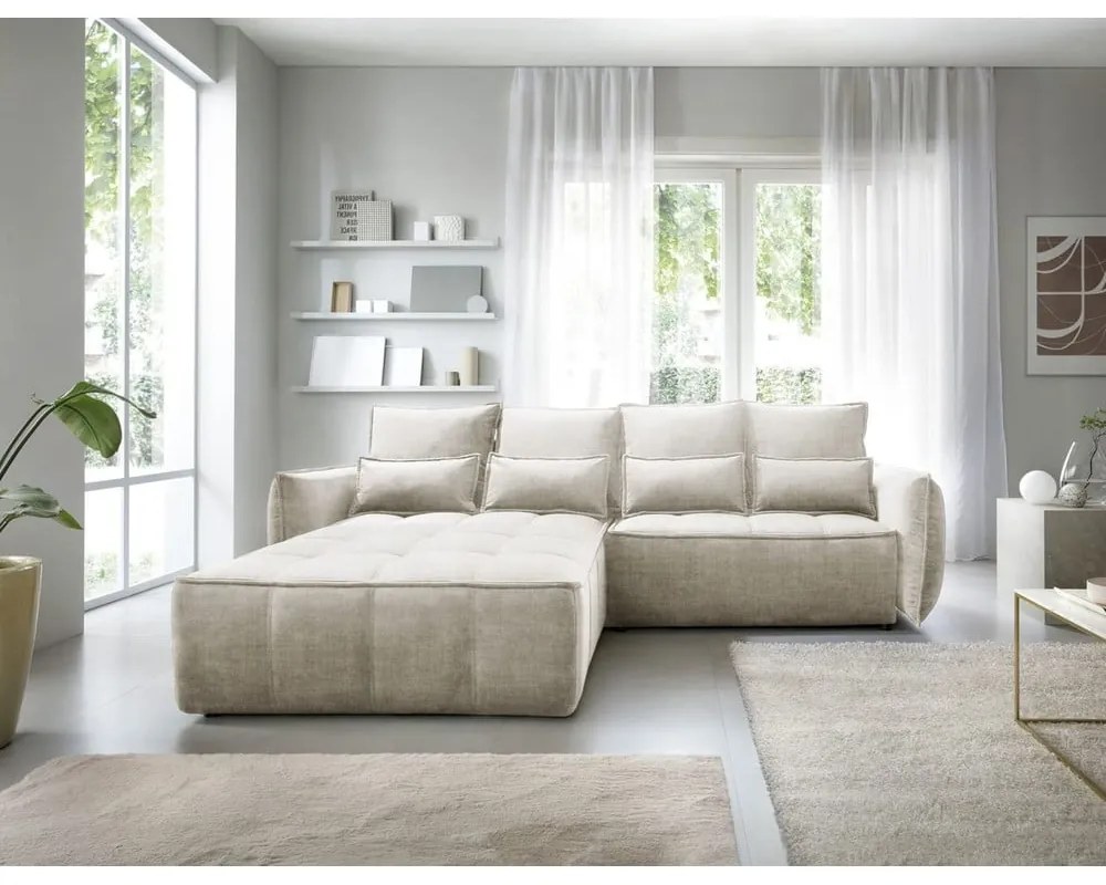 Colțar bej extensibil/cu spațiu de depozitare cu tapițerie din catifea (cu colț pe partea stângă/cu șezlong) Campo – ELTAP