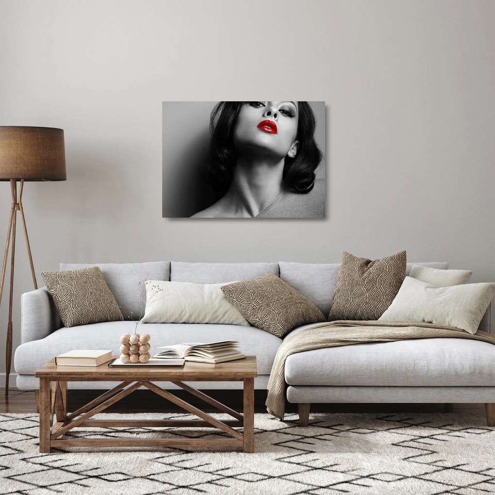 Tablou pe sticlă - Portretul unei femei cu ruj roșu (70x50 cm)