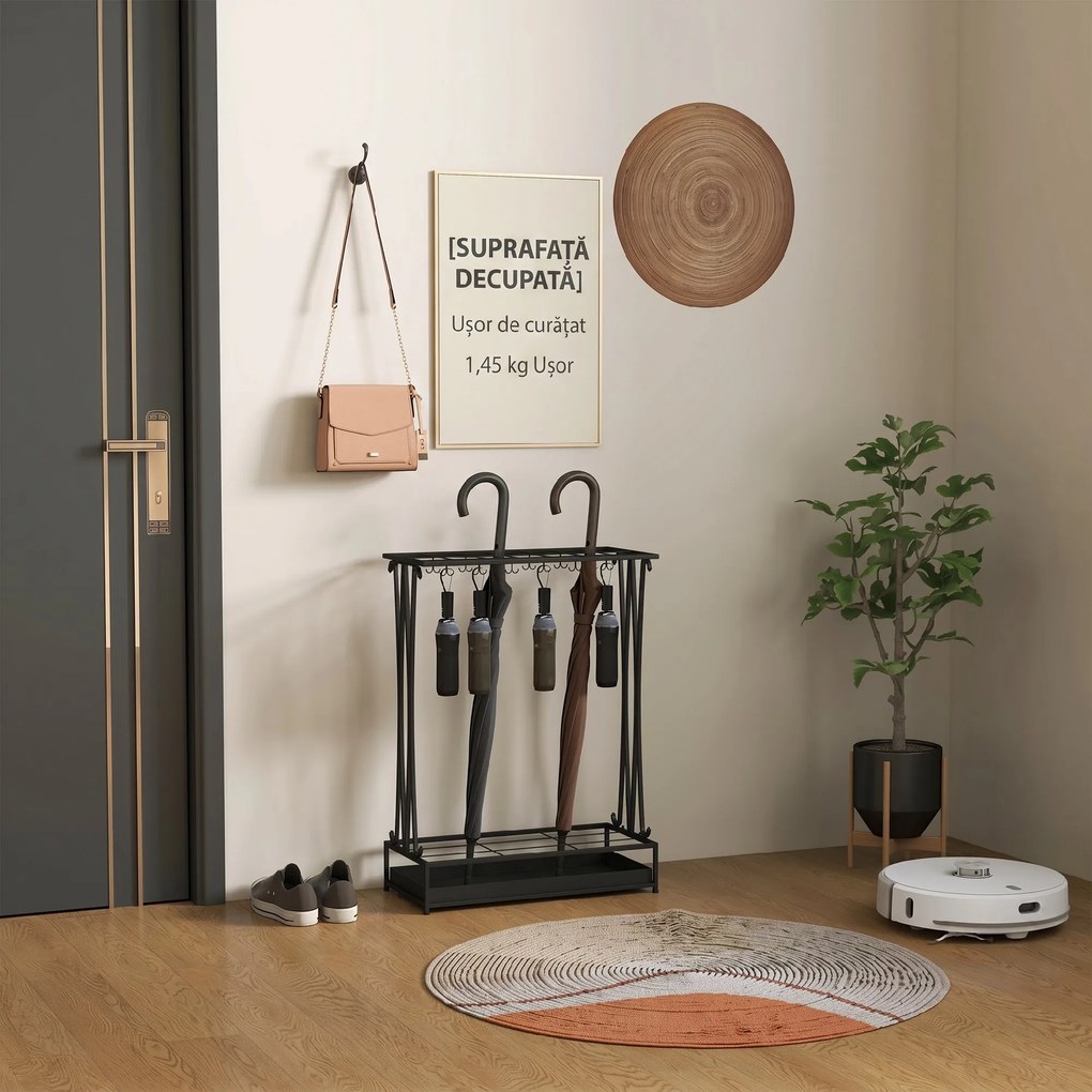 HOMCOM Suport pentru Umbrele din Oțel cu Tavă de Scurgere Detașabilă, 50x24x68 cm, Negru | Aosom Romania