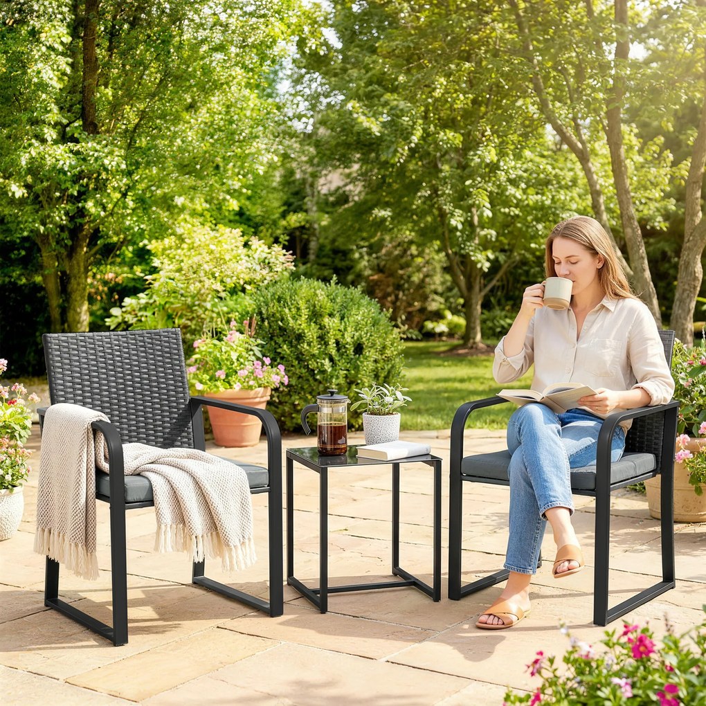 Outsunny Set de mobilier de grădină din ratan sintetic cu 2 scaune cu perne și masă cu blat din sticlă, gri | Aosom Romania