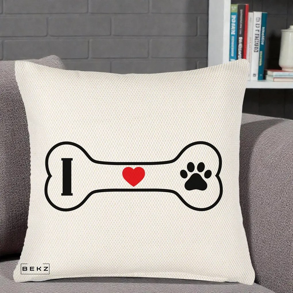 Perna Personalizata I Love Dog Os si Labuta, 40x40 cm, Crem Reliefat, Husa Detasabila, Perna Inclusa, BEKZ®
