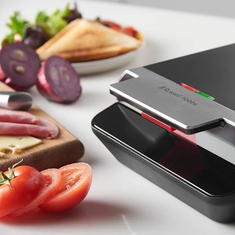 Sandwich Toaster Russell Hobbs Creations 26800-56, 750W, 4 felii, Placi neaderente, Incalzire rapida, Indicatoare, Negru/Inox