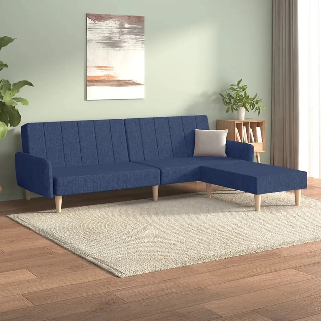 3080713 vidaXL Canapea extensibilă 2 locuri, cu taburet, albastru, textil