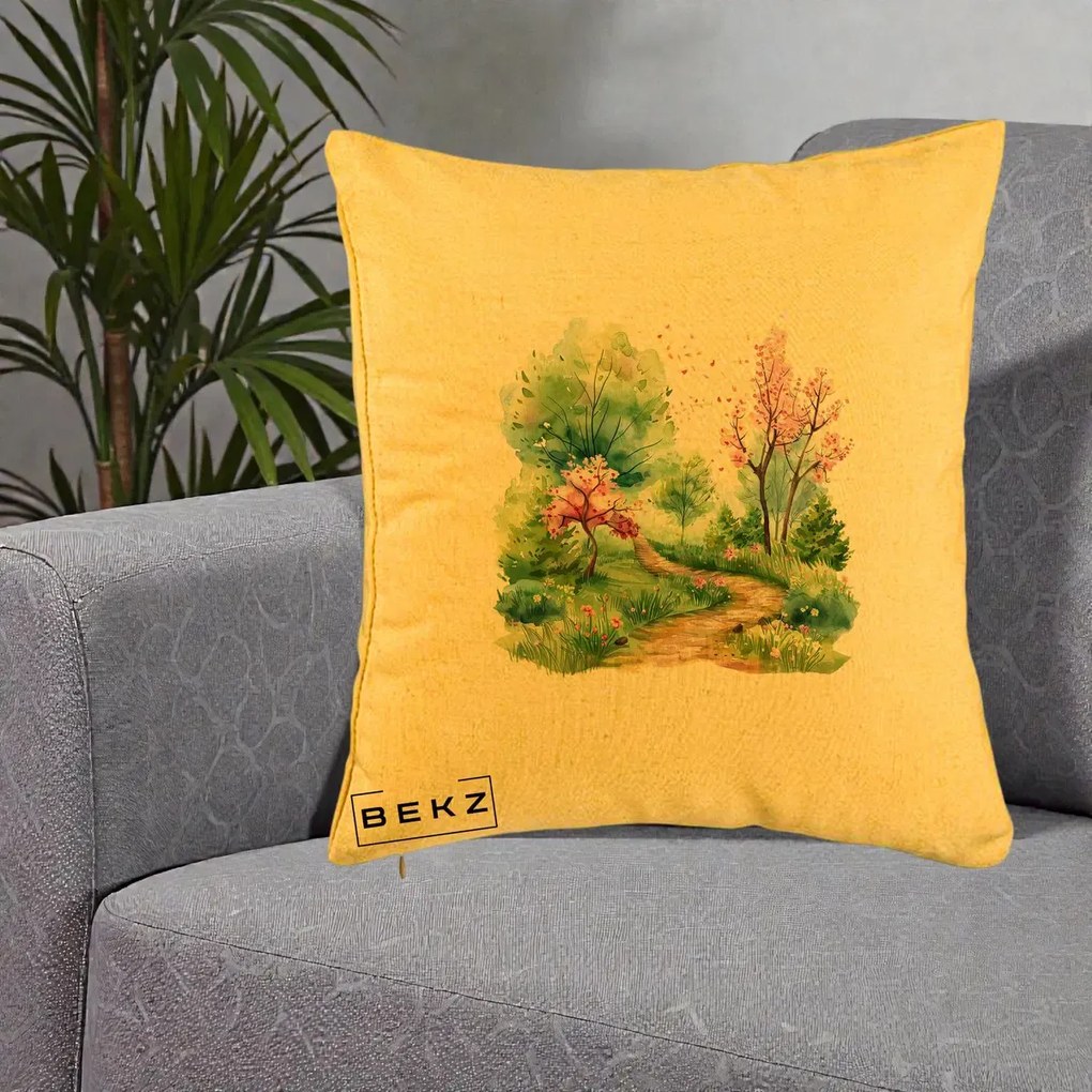 Perna Decorativa Gradina Primavara Acuarela, 40x40 cm, Galben, Husa Detasabila, Perna Inclusa, BEKZ®