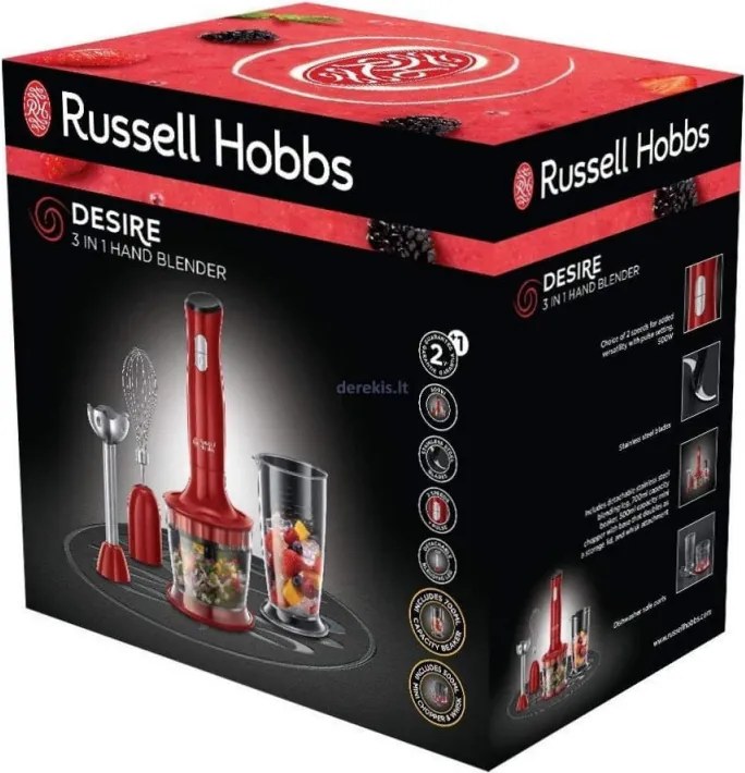 Resigilat: Blender, tocator si mixer 3in1 Russell Hobbs Desire 24700-56, 500W, 2 viteze + Puls, Tel, Tocator, Pahar Gradat, Functie pulse, Rosu