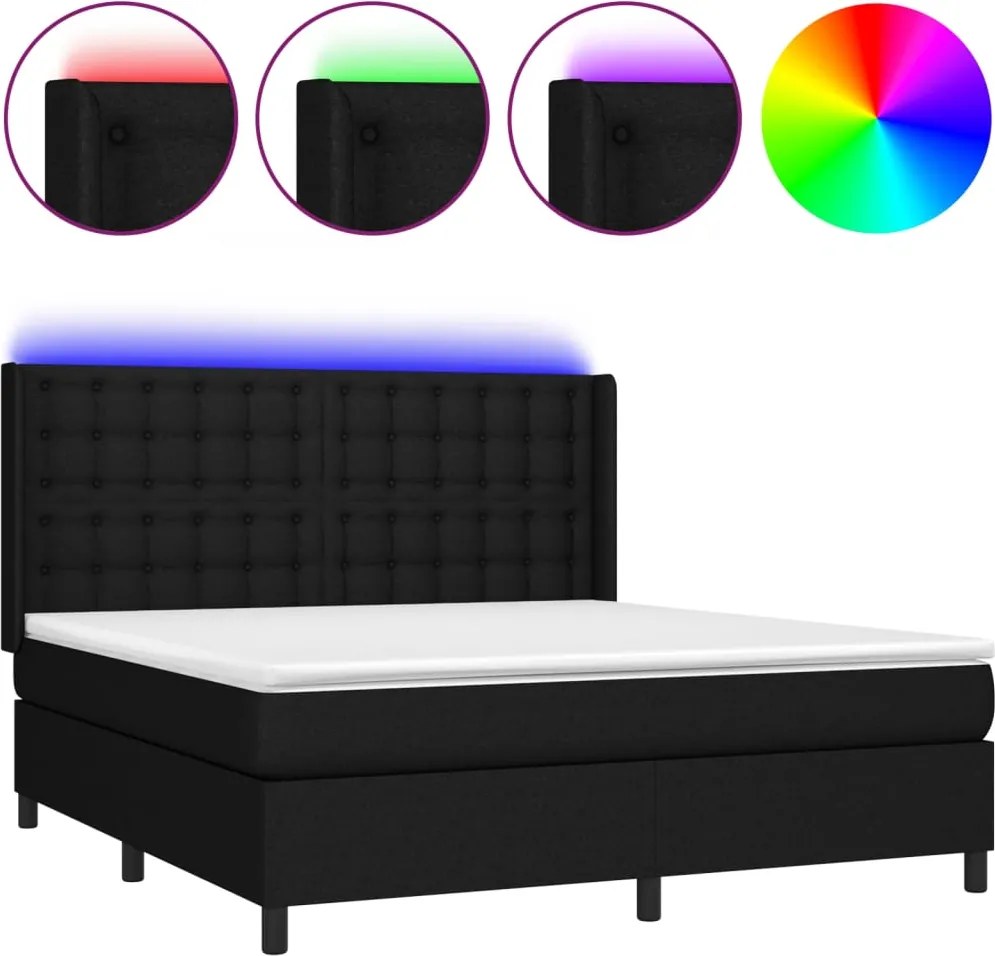 vidaXL Pat cu arcuri, saltea și LED, negru, 180x200 cm, textil
