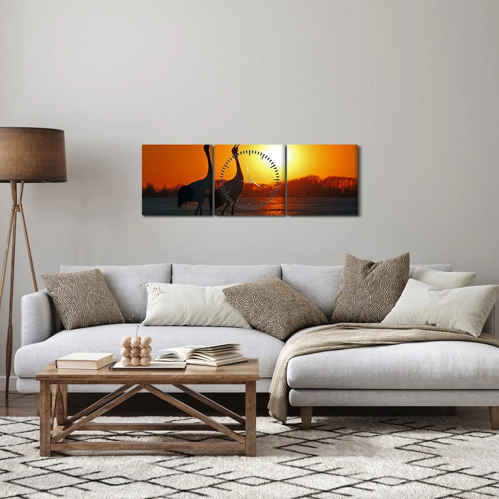 Tablou cu păsări în apus de soare (cu ceas) (90x30 cm)