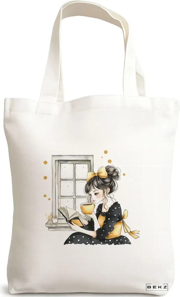 Sacosa de Panza pentru Cumparaturi, Geanta Tote, model The bookie girl 4 38 x 34.5 cm, Alba, BEKZ®