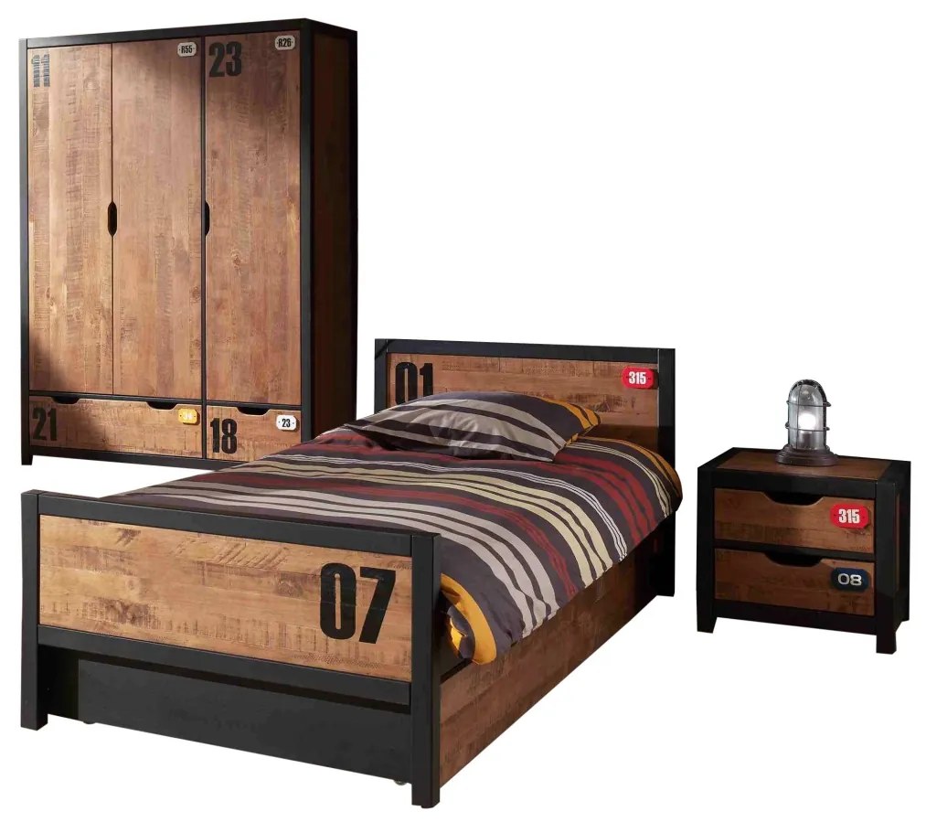 Set Mobilier Cameră Copii ALEX, 4 Piese, Pat 90x200 cm, Somieră Inclusă, Pin Masiv și Metal Negru – Vipack
