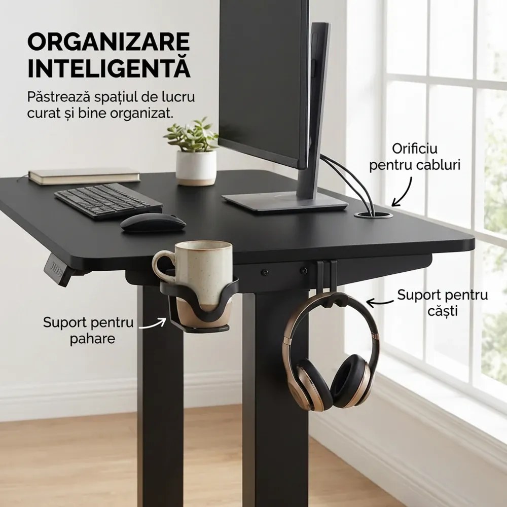 ELEVON WX-009 – Birou Reglabil Electric, Înălțime Reglabilă 72–118 cm, Blat Monobloc PAL de Înaltă Densitate 15 mm, Cadru Metalic din Oțel 65×45 mm, Panou Electronic, 140 × 60 cm, Negru