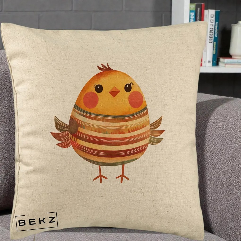 Perna Decorativa Pui Kawaii Portocaliu Dungi Calde, 40x40 cm, Bej, Husa Detasabila, Perna Inclusa, BEKZ®