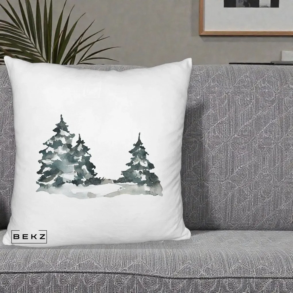 Perna Decorativa Brazi Inzapeziti Acuarela, 40x40 cm, Alb Pufos, Husa Detasabila, Perna Inclusa, BEKZ®