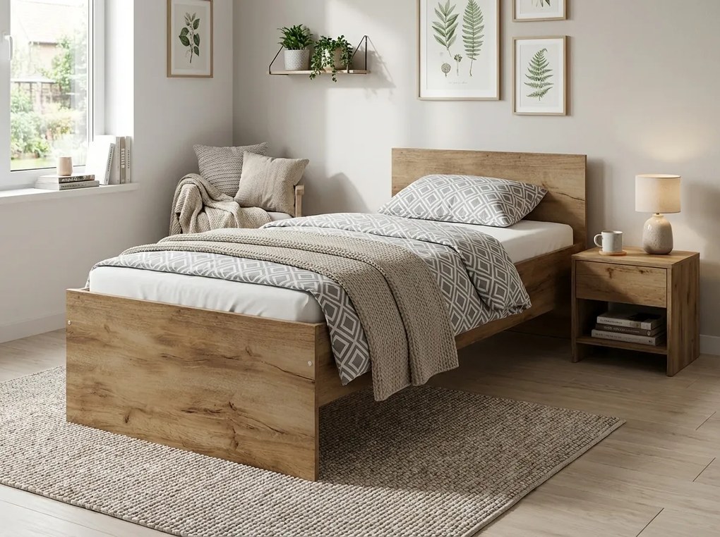 Pat ELISA 90 x 200 cm, stejar artisan Saltele: Cu saltele Coco Maxi 20 cm, Somiera pat: Cu lamele curbate