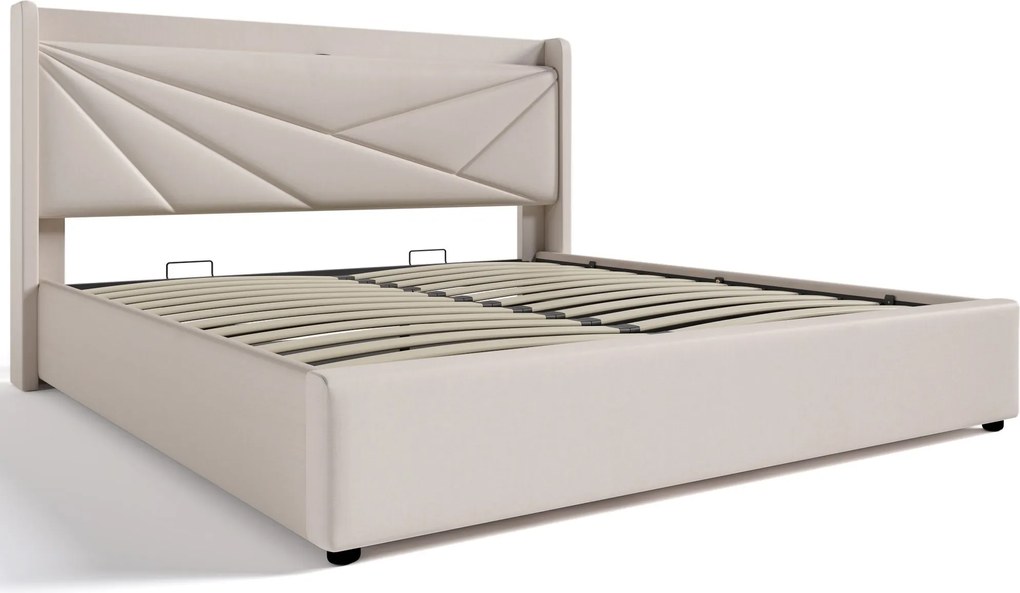 Pat dublu cu ladă de depozitare, funcție de încărcare USB Tip C, din bumbac și in, fără saltea, 160x200 cm, Bej