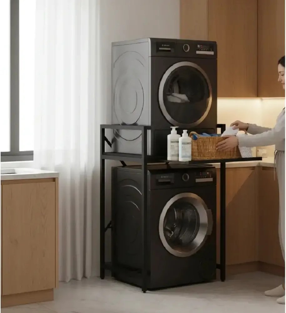 Suport raft pentru mașină de spălat și uscător cu sertar,negru