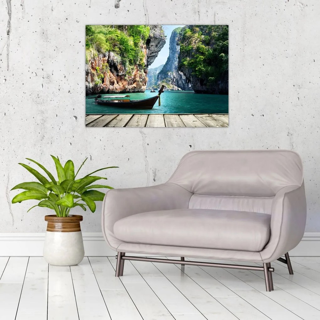 Tablou - Apă peisaj mediteranean cu barca (70x50 cm)