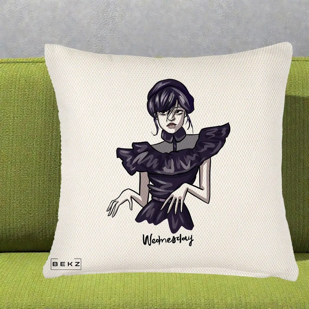 Perna Personalizata Wednesday Addams Dans Gotic, 40x40 cm, Crem Reliefat, Husa Detasabila, Perna Inclusa, BEKZ®