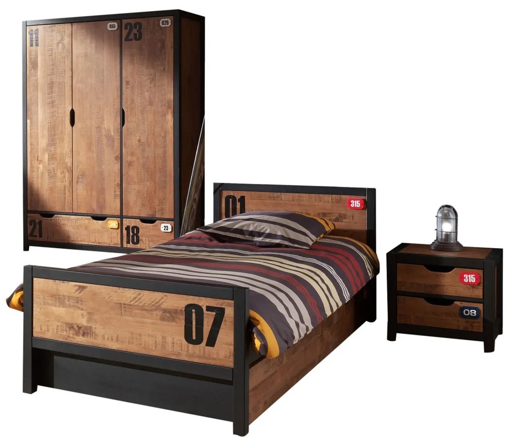 Set Mobilier Cameră Copii ALEX, 4 Piese, Pat 90x200 cm, Pin Masiv și Metal Negru – Vipack
