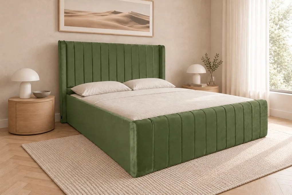 Pat tapițat din catifea Aurelia Simple 160×200 cm, kaki, cu ladă de depozitare