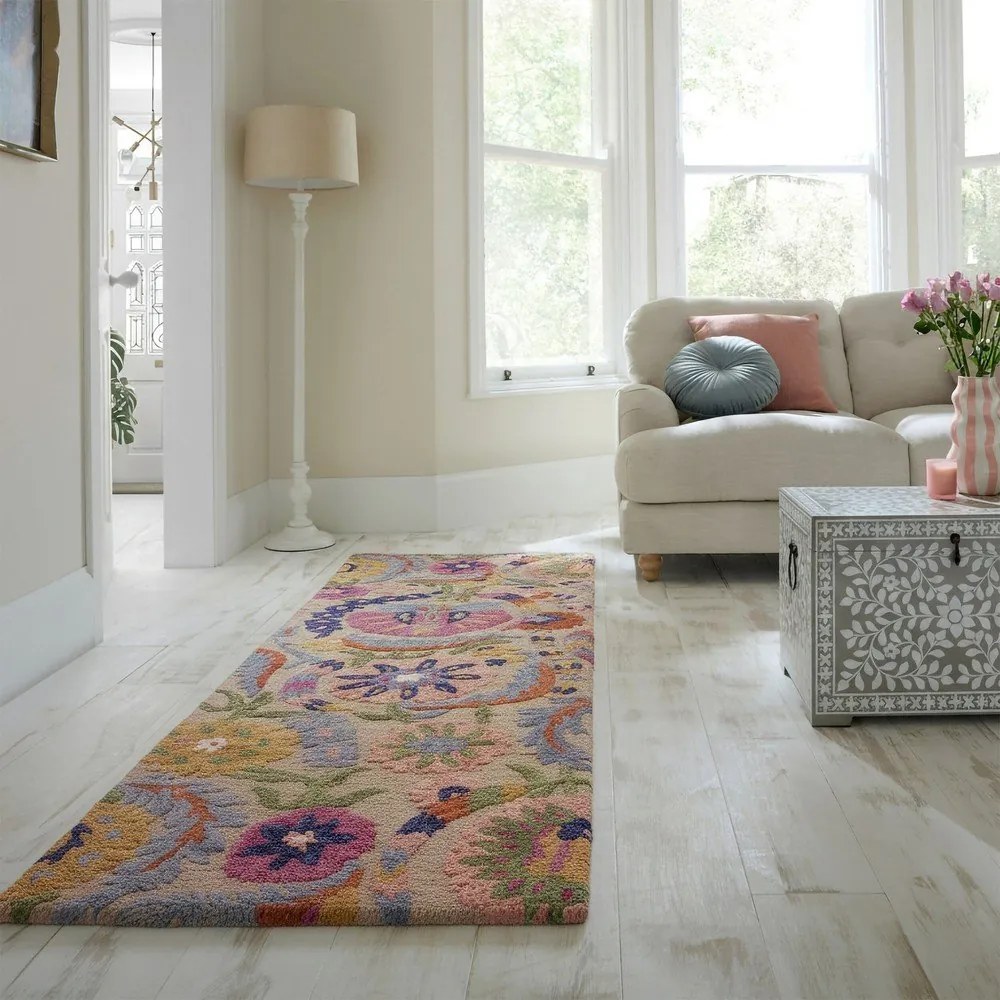 Covor tip traversă țesut manual din lână 80x300 cm Amira Floral – Flair Rugs