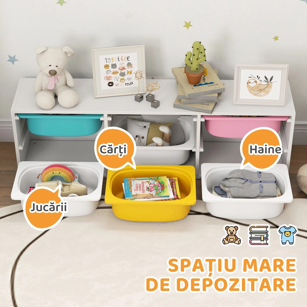 AIYAPLAY Raft pentru Jucării din Lemn cu 6 Recipiente Detașabile din Plastic, Multicolor | Aosom Romania