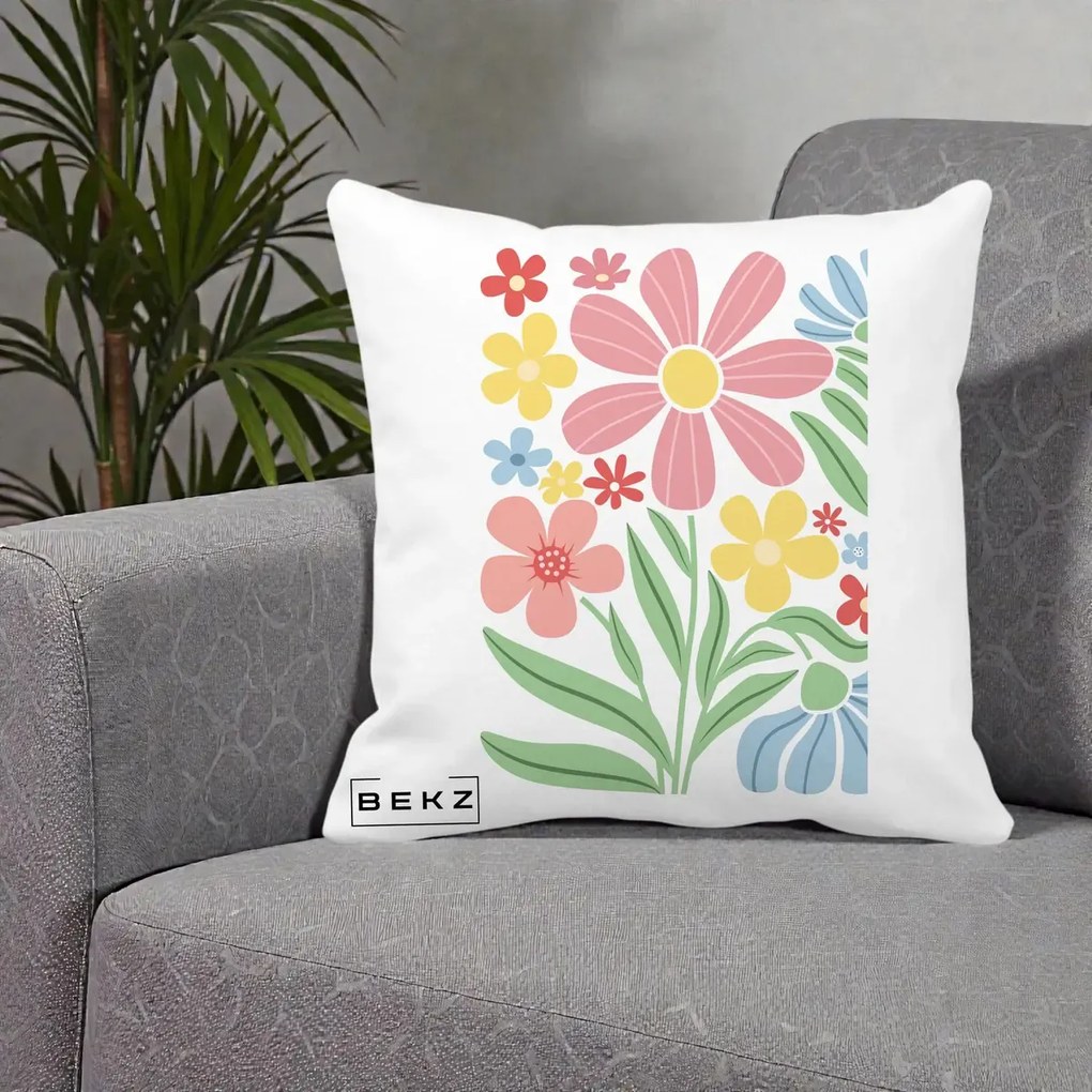 Perna Decorativa Flori Grafice Roz Pastel, 40x40 cm, Alba Mata, Husa Detasabila, Perna Inclusa, BEKZ®