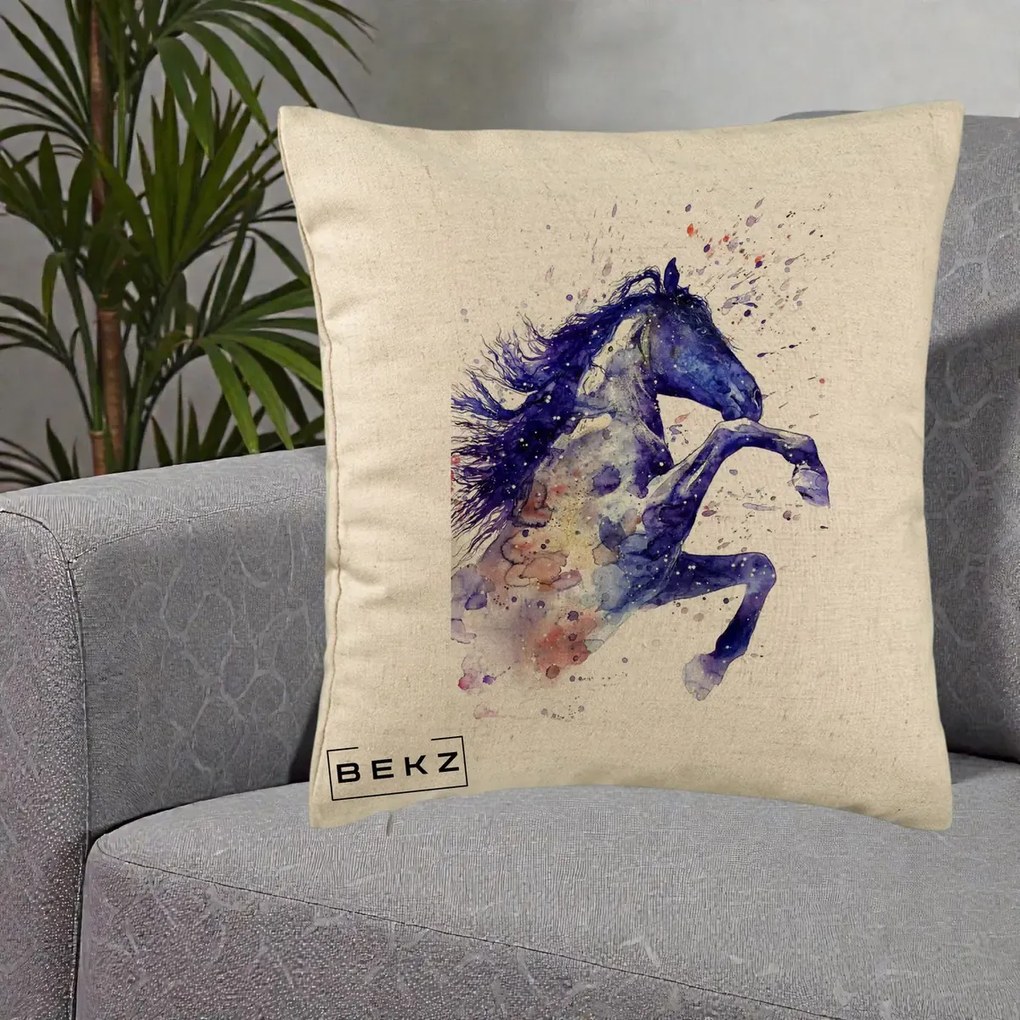 Perna Decorativa Cal Albastru Acuarela, 40x40 cm, Bej, Husa Detasabila, Perna Inclusa, BEKZ®
