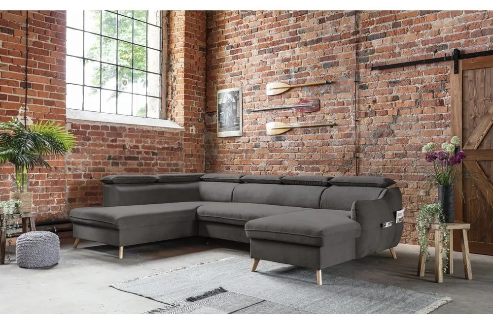 Colțar gri închis extensibil cu tapițerie din catifea (cu colț pe partea stângă /în formă de "U") Sweet Harmony – Miuform