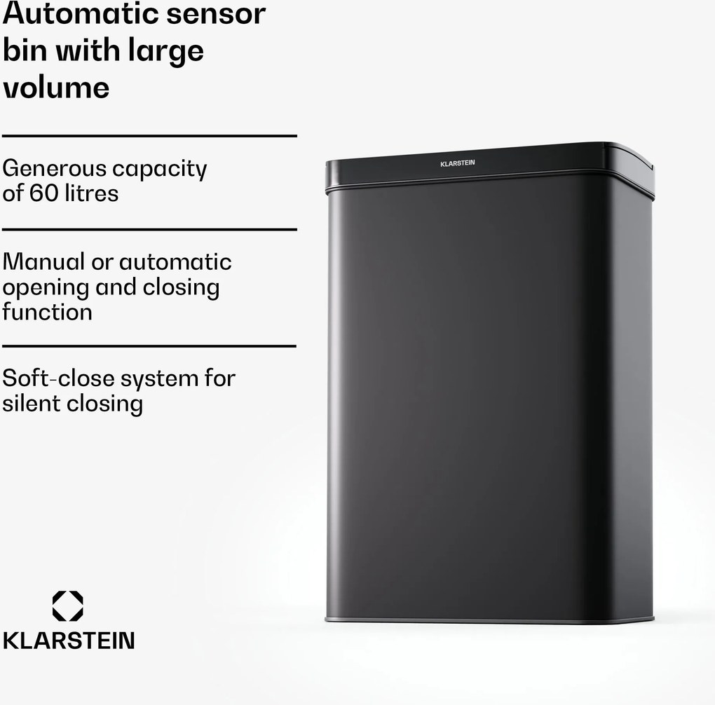 Klarstein Coș de gunoi fără atingere, cu senzor, 60 l, din oțel inoxidabil, închidere ușoară, cu baterii, afișaj LED, temporizator