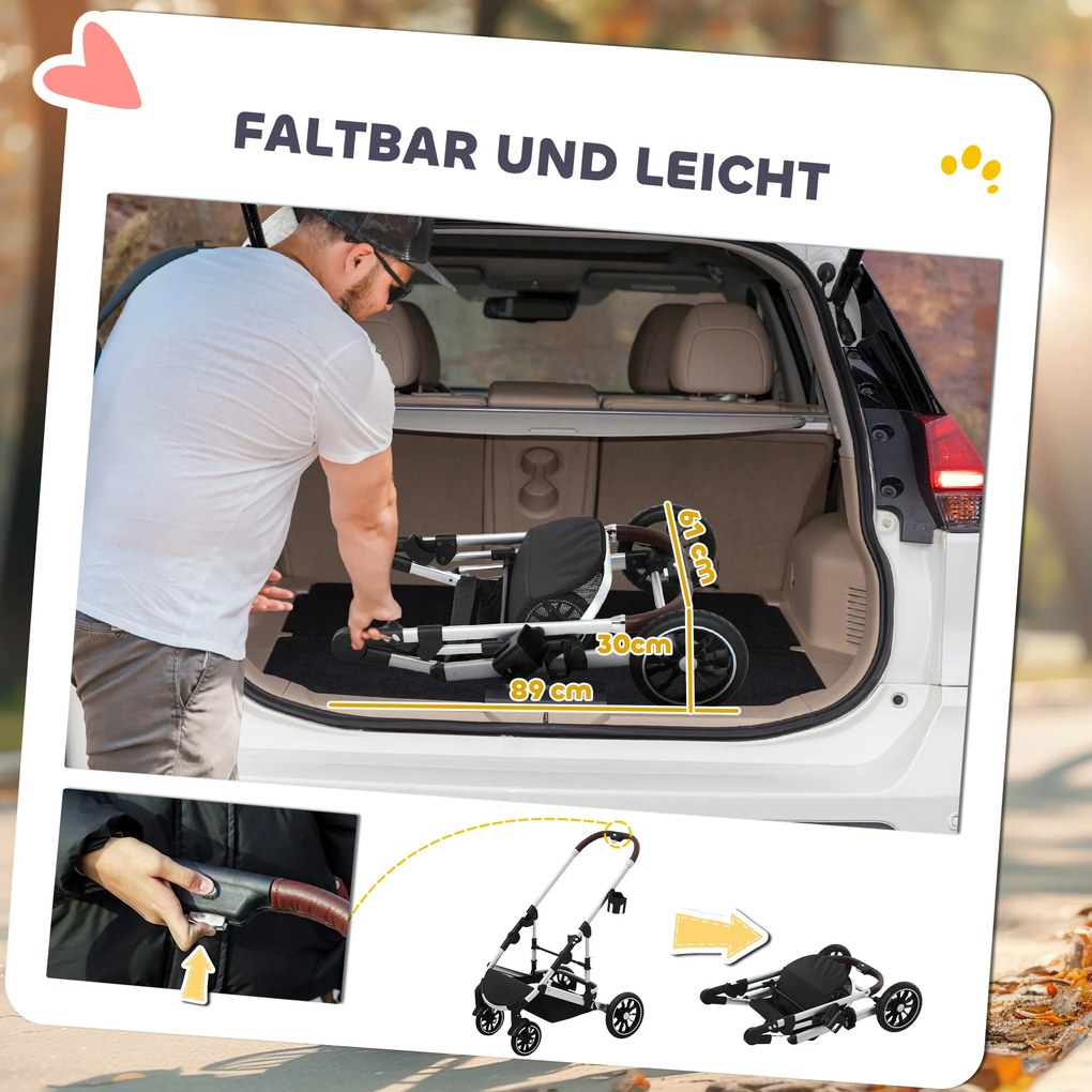 PawHut Hundewagen 3 în 1 Hundebuggy pliabil pentru pisici până la 10 kg Katzenbuggy cu pernă, suport pentru băuturi Gri deschis | Aosom Romania