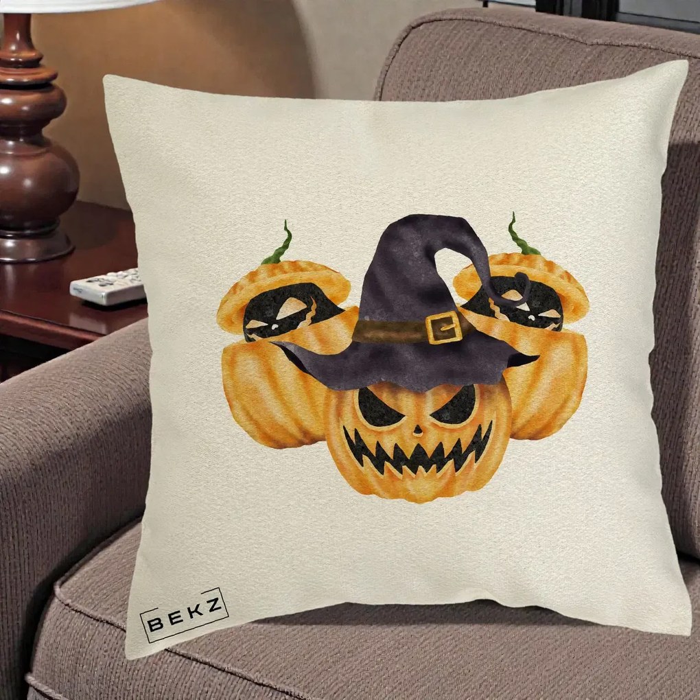Perna Decorativa Trio Dovleci Jack-o-Lantern cu Palarie Vrajitoare, 40x40 cm, Ecru, Husa Detasabila, Perna Inclusa, BEKZ®