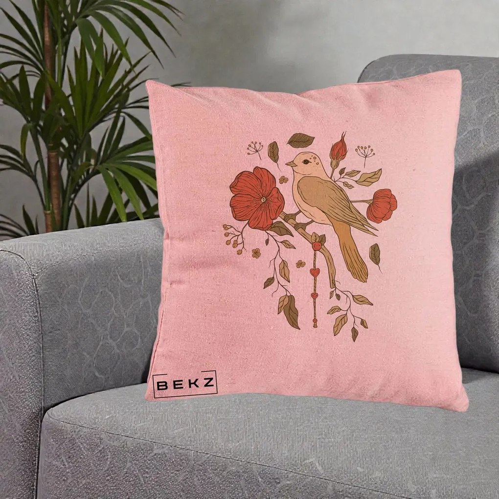 Perna Decorativa Pasare pe Ramura cu Maci, 40x40 cm, Roz, Husa Detasabila, Perna Inclusa, BEKZ®