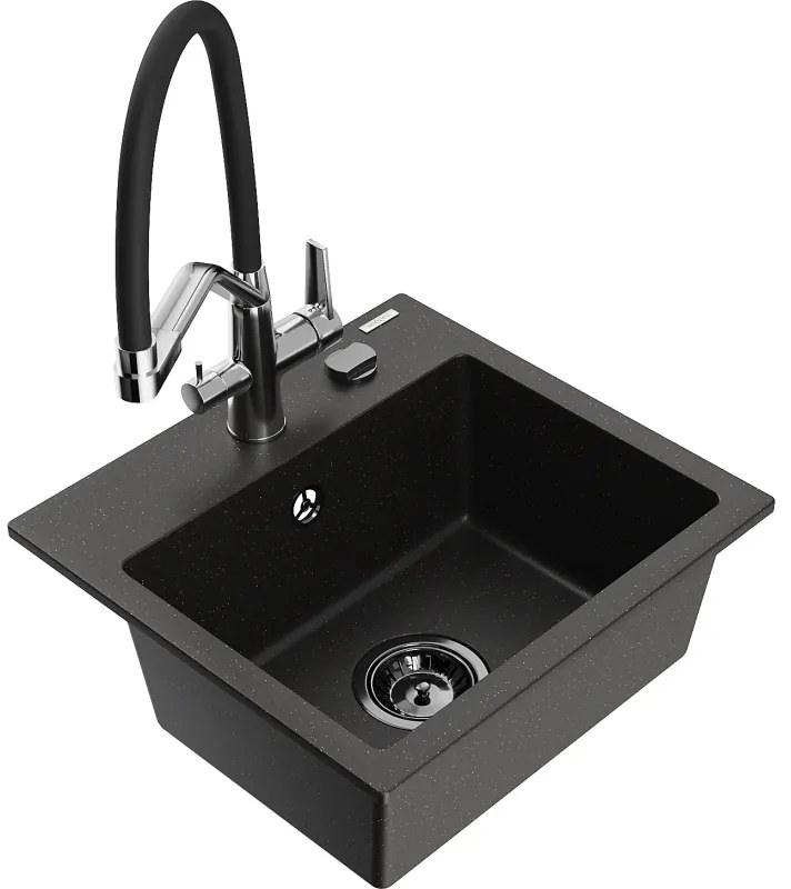 Mexen Milo chiuvetă de granit cu o cuvă și baterie de bucătărie Duo, negru/auriu metalic - 6505-75-671701-07-B