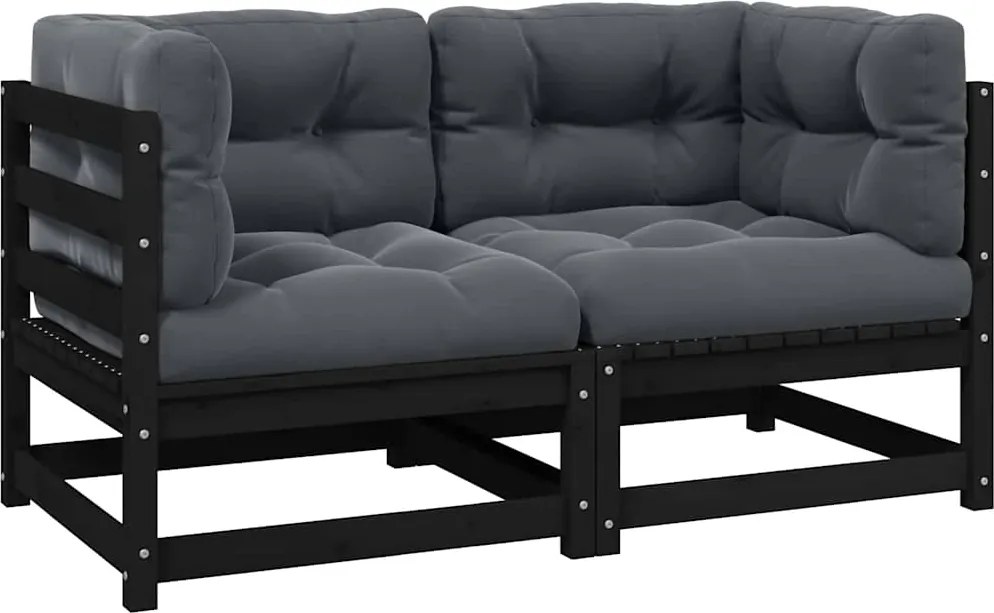 vidaXL Canapea de grădină cu 2 locuri, cu perne, negru, lemn masiv pin