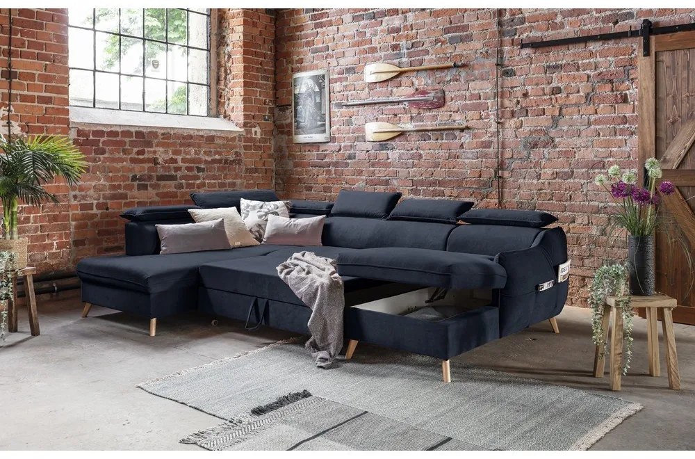 Colțar albastru închis extensibil cu tapițerie din catifea (cu colț pe partea stângă /în formă de "U") Sweet Harmony – Miuform