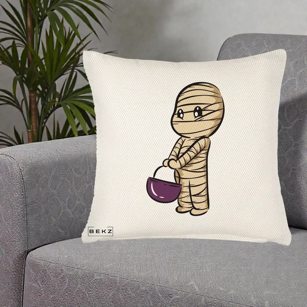 Perna Decorativa Halloween Mummy Kawaii cu Cos, 40x40 cm, Crem Reliefat, Husa Detasabila, Perna Inclusa, BEKZ®