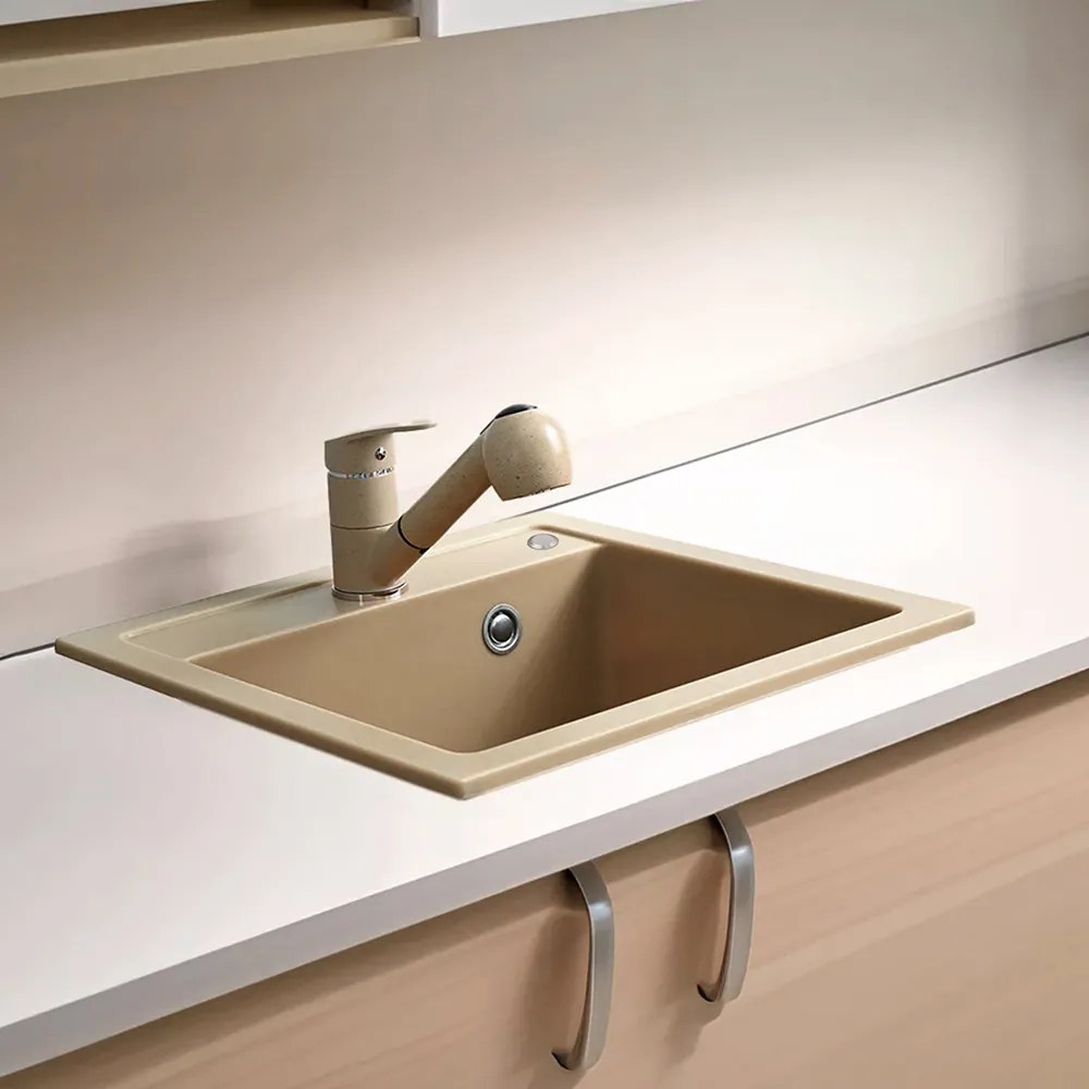 Chiuvetă pătrată Nia din granit, bej, cu o singură cuvă