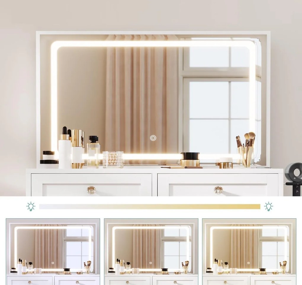 SEA498 - Set Masa toaleta 90 cm, cosmetica machiaj, oglinda cu LED, masuta vanity cu Priza, USB si Suport Uscator par - Alb
