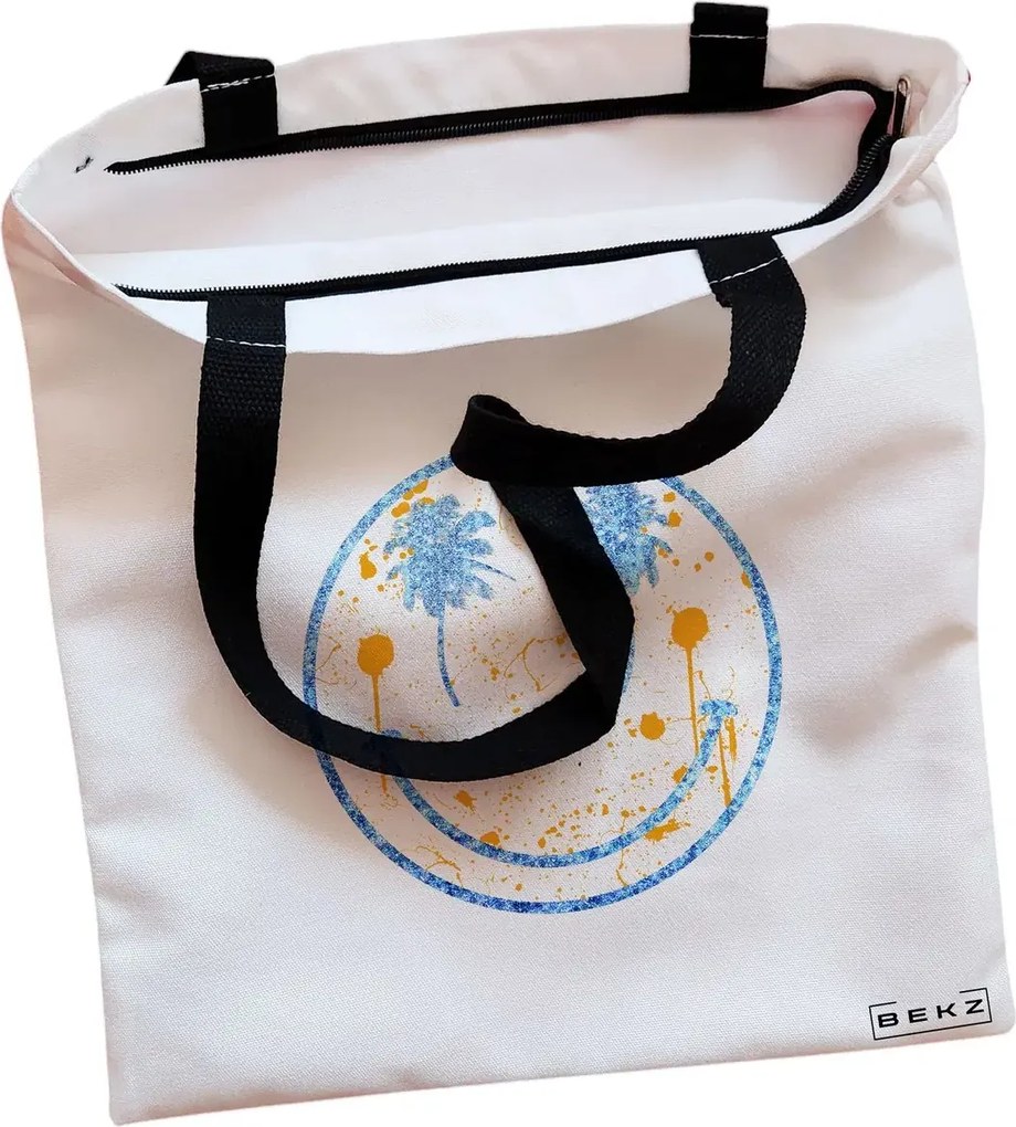 Sacosa de Panza pentru Cumparaturi, Geanta Tote, model Party Smile, Cu fermoar, 38x34.5 cm, Alba, BEKZ®