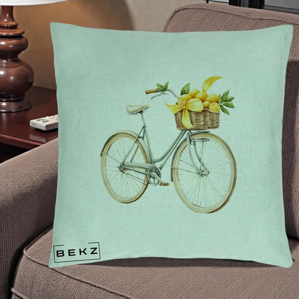 Perna Decorativa Bicicleta cu Cos de Lamai Mediteranean, 40x40 cm, Verde Menta, Husa Detasabila, Perna Inclusa, BEKZ®
