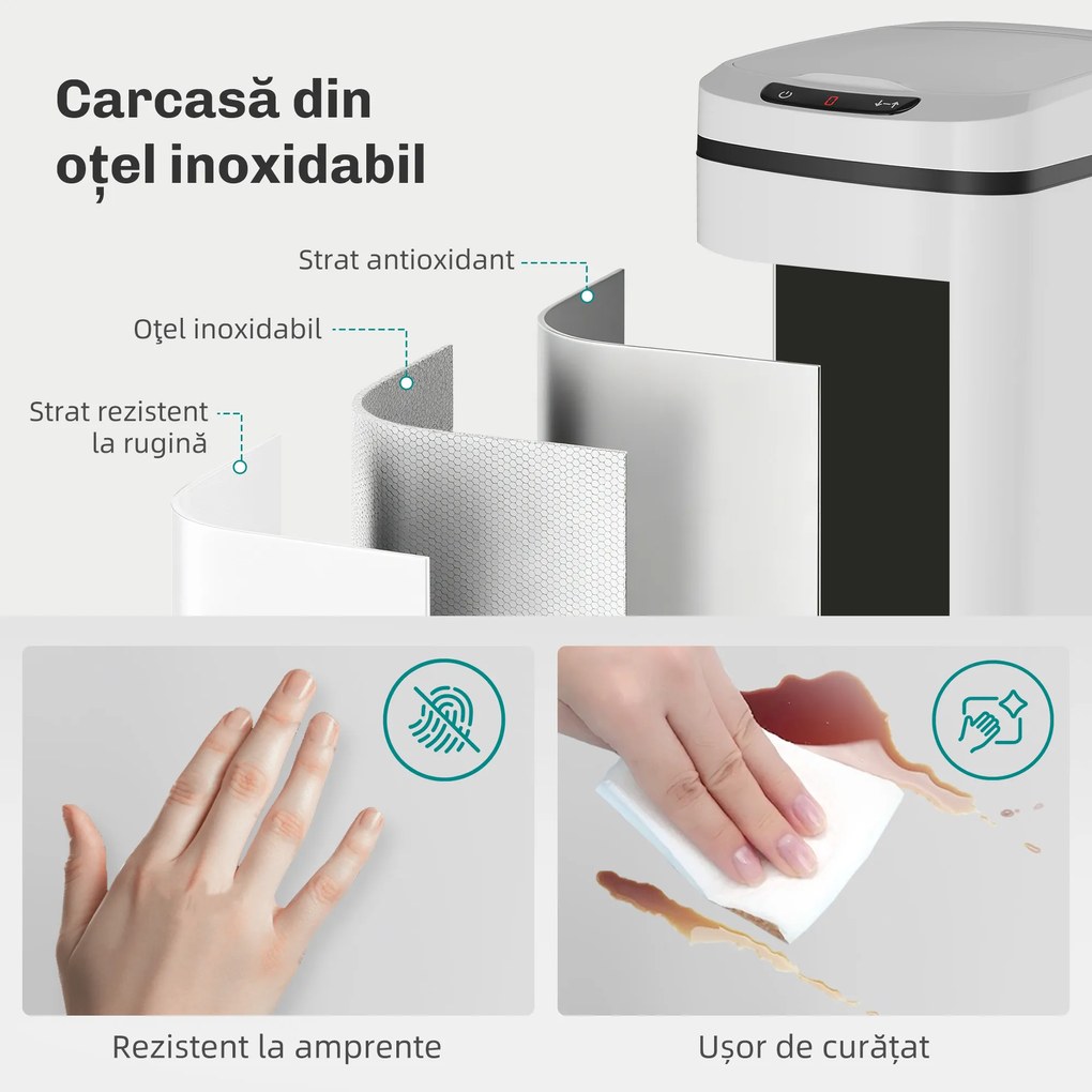 HOMCOM Coș de Gunoi de 12L cu Senzor Infraroșu, Buton Touch și Găleată Detașabilă, Coș de Gunoi din Oțel Inoxidabil, ABS și PP, 28x22x41 cm, Alb | Aosom Romania