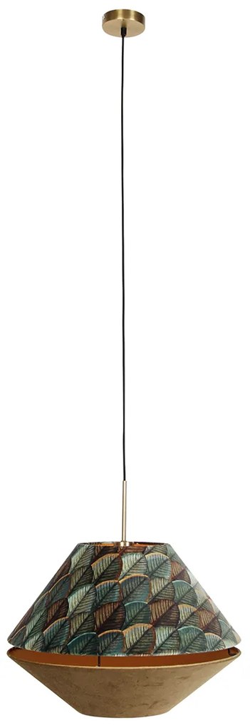 Moderne hanglamp brons met dubbele velours kap blad dessin en beige - Combi 1