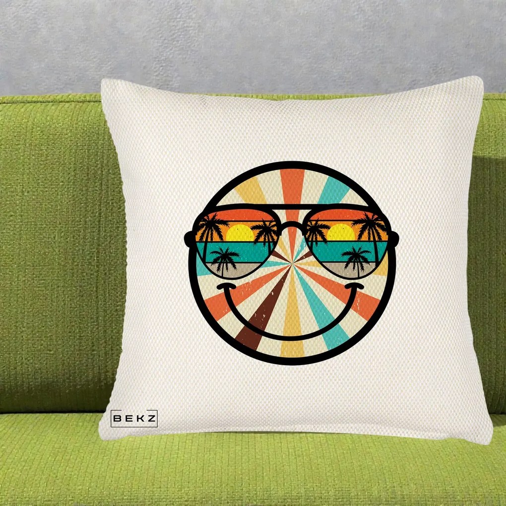Perna Decorativa Smiley Face Retro Sunset Palmieri, 40x40 cm, Crem Reliefat, Husa Detasabila, Perna Inclusa, BEKZ®